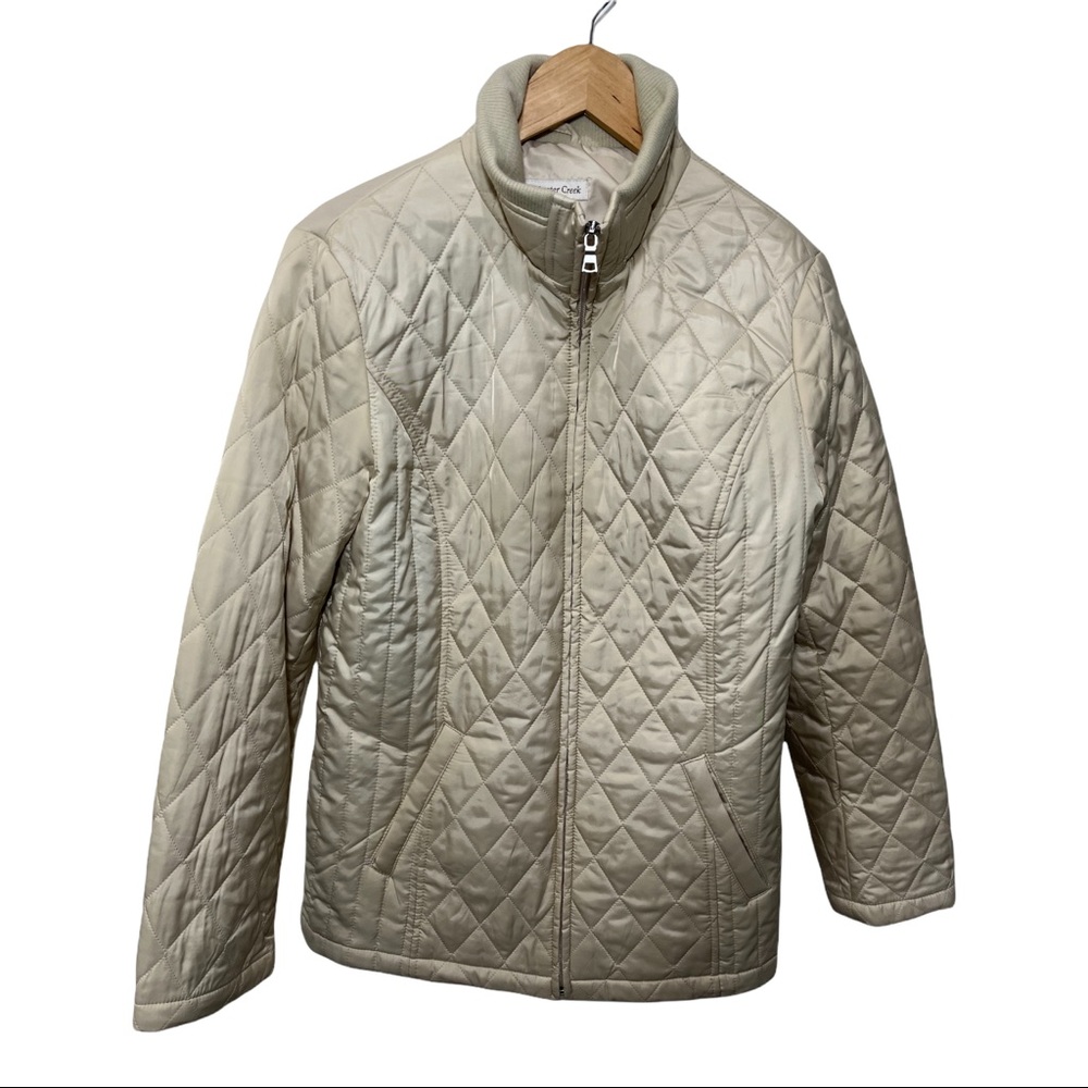 COLDWATER CREEK IVORY/BONE HIGH COLLARED QUILTED FULL ZIP FRONT JACKET SZ MEDIUM